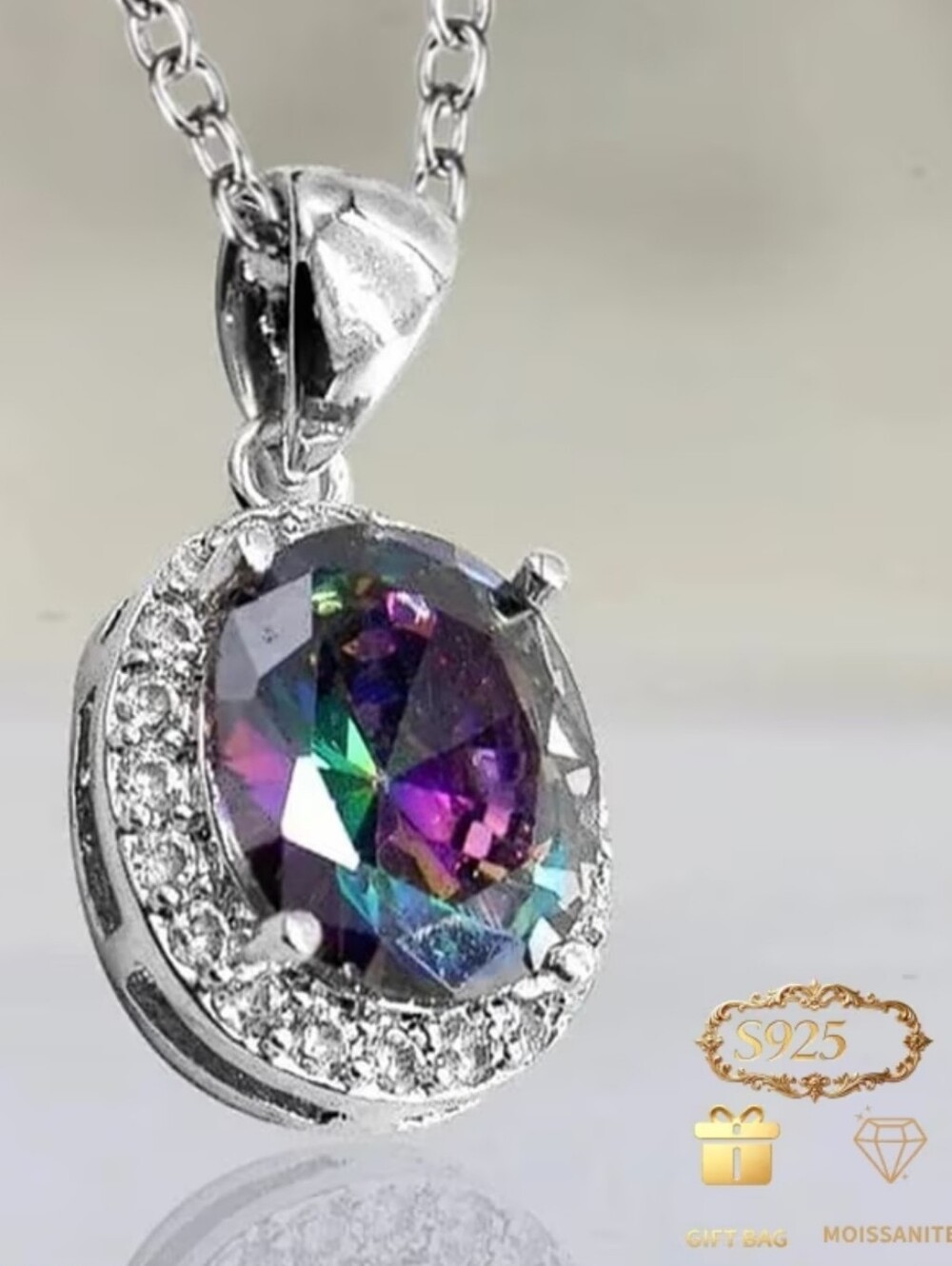 Moissanite Inlaid Halo Pendant Necklace-925-GRA + Gift Box Included.